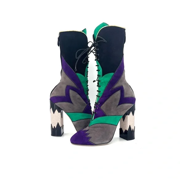 Miu Miu SS2016 Suede Patchwork Colorblock Crystal Embellished High Heel Boots 40 - Picture 3 of 10